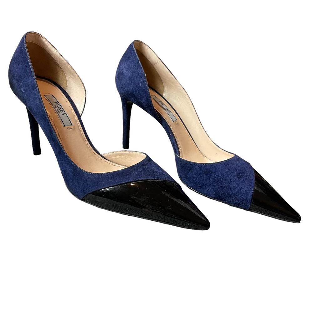 Prada Blue Velvet and Black Leather Pointy Toe Heels